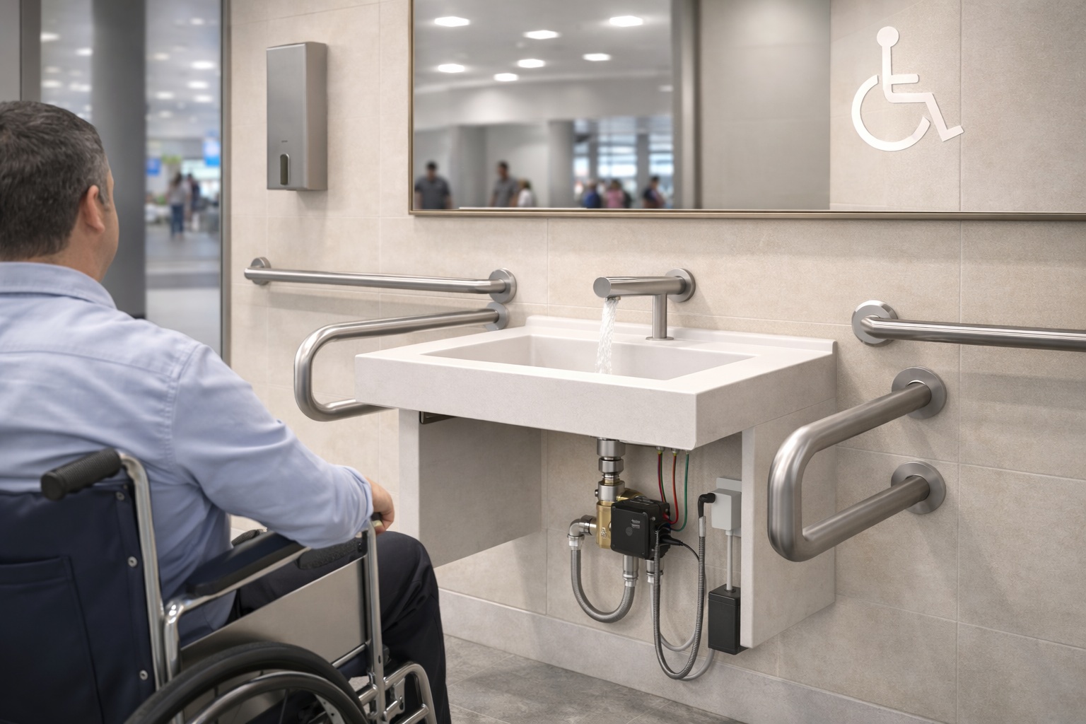ADA compliant commercial airport restroom with touchless faucet